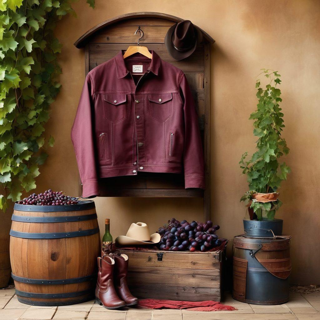 A rustic vineyard backdrop with grapevines heavy with ripe grapes, seamlessly blending into a stylish western wardrobe display featuring cowboy hats, leather boots, and denim jackets. A bottle of red wine rests elegantly on a wooden barrel, while a cowboy hat is tilted jauntily atop one of the jackets. The scene should evoke a warm, inviting ambiance that celebrates the fusion of wine culture and western fashion. super-realistic. vibrant colors. outdoor setting.