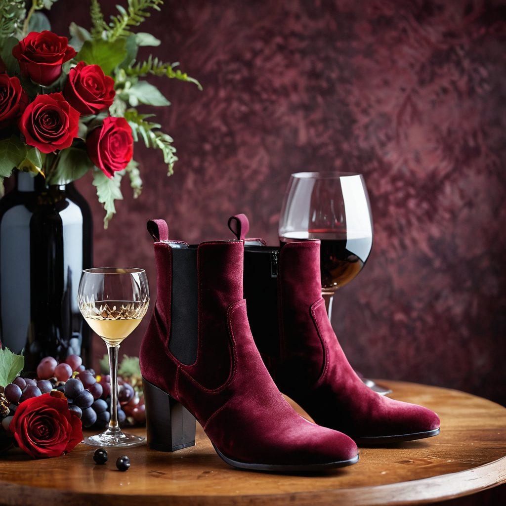 A chic setting showcasing a pair of elegant, stylish boots resting next to a beautifully arranged wine glass filled with rich red wine. Surround the scene with luxurious textures like velvet and leather, and incorporate subtle hints of grapevines in the background. The ambiance should evoke sophistication and warmth, inviting viewers to indulge in both fashion and flavor. super-realistic. vibrant colors. soft-focus background.